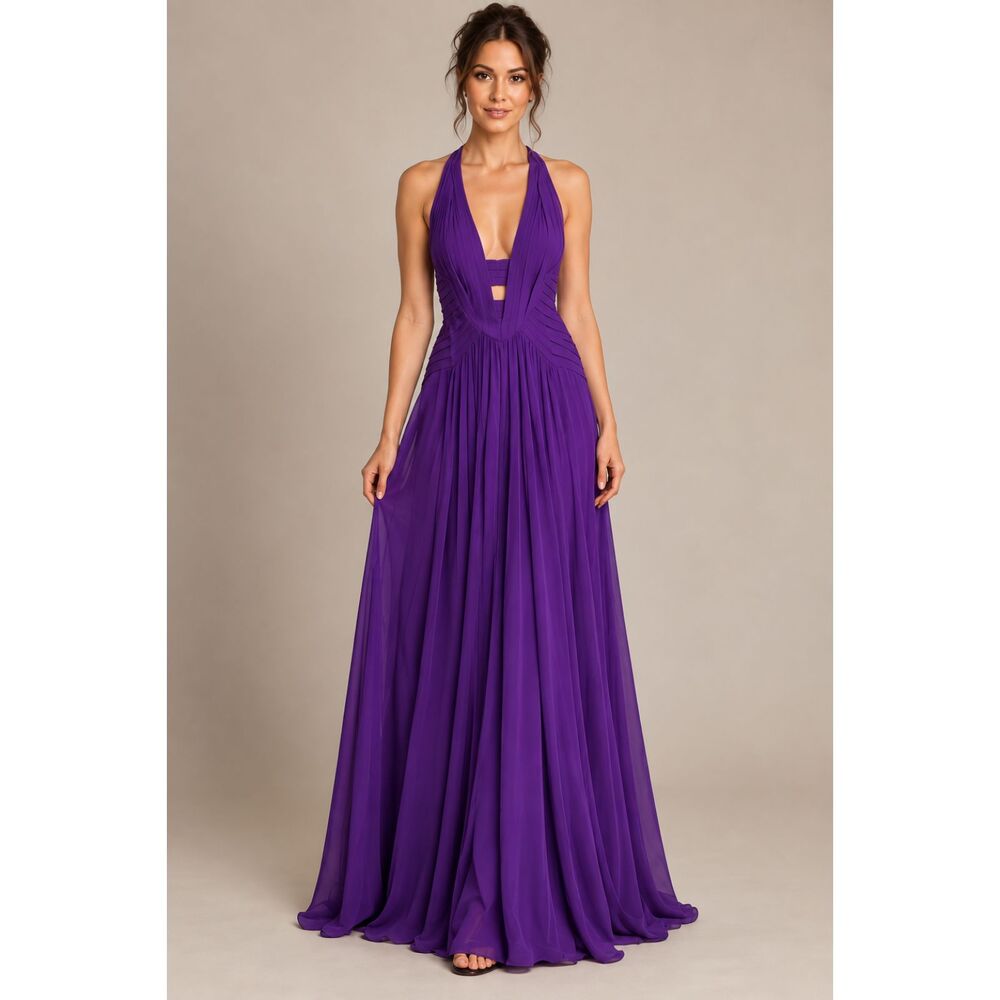 Rock & Republic TailorMade Y2K Purple Halter Formal Gown Size 8 Pleated Train